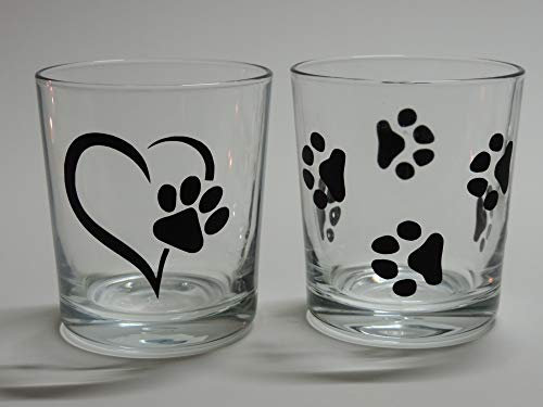 Lichtidee 2er Set Teelicht Glas Windlicht Tischlicht Print mit Pfoten und Herz mit Pfote Handmade Unikat Ostern Muttertaggeschenk, Höhe 8cm,