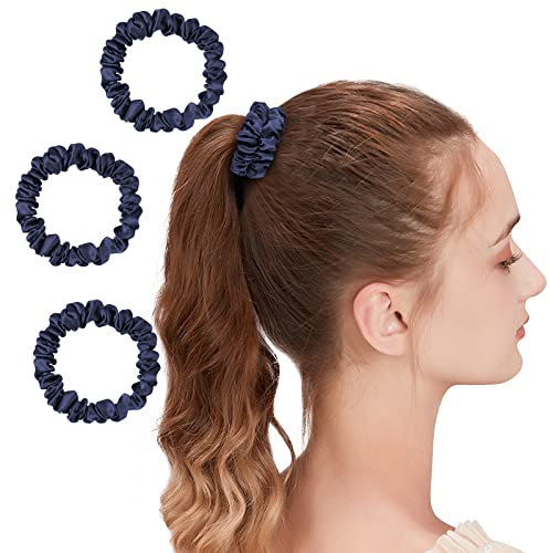 OLESILK 3er-Set 100% Seide Haargummis Kleine Scrunchies Haarschmuck Zopfgummi Haare Ringe Elastische Haarbänder Gummibänder 3 Stücke, Marineblau