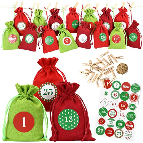 Papierdrachen 24 Adventskalender Stoffsäckchen zum Befüllen - mit Zahlenaufklebern von 1-24 - Stoffbeutel zum selber Dekorieren - Geschenksäckchen - Rot Grün Set Nr 28