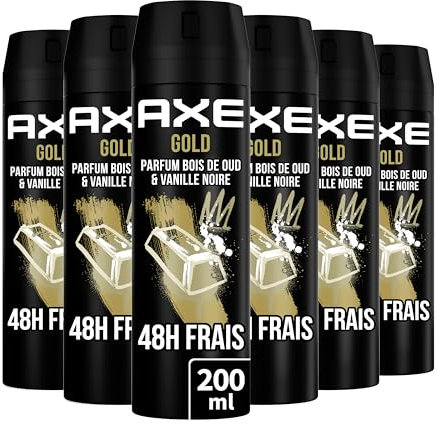 AXE Déodorant Homme Spray Gold, 48h non-stop frais, Parfum Bois de Oud et Vanille Noire (Lot de 6x200ml)