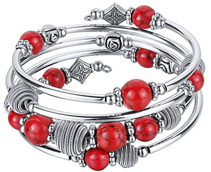 Bulinlin Silber Wickelarmband mit Naturstein Perlen Boho Mehrschichtiges Damen Armbänder Geburtstags Modegeschenk für Frauen(Red)