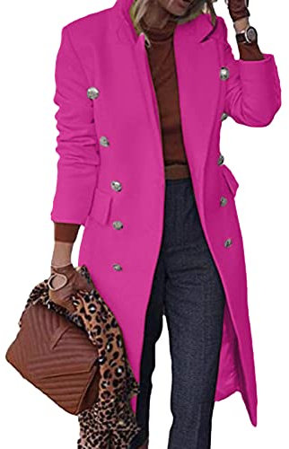 L9WEI Women's Fashion Long Wool Trench Coat With Double Breasted Lapel, Elegant Cotton Jacket, Warm Winter Long Sleeve, Hot Pink, L