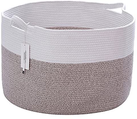 CREADARD Extra Large Storage Basket, Woven Cotton Rope Blanket Basket for Nursery and Home, Fabric Laundry Baskets with Handles for Living Room, Laundry Room, Kids Room and Bedroom, White and Brown