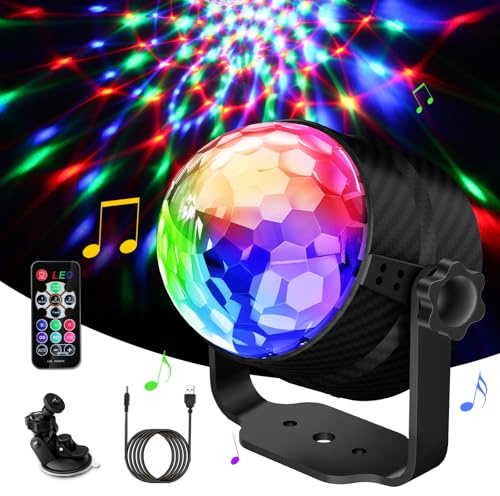 Detake Boule Disco, 360° Rotation Boule à Facette Commande Vocale Lampe de Scène, Couleurs Lumière Fête avec Télécommande- Effet de Lumière Dynamique 3W RGB, 4M Câble USB pour Fête/Noël/Bar/Club/DJ