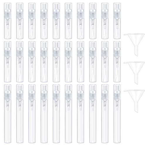 LuluDa 30 Stück Parfümzerstäuber Sprühflasche 2ml 3ml 5ml Mini Sprühflaschen mit 3 Stück Trichter, Transparente Leer Sprühflasche Kunststoff Nachfüllbar Zerstäuber für Reisen, Parfüm, Flüssigkeit