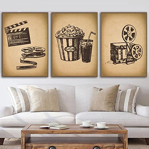 Kino Kino Poster Vintage Wand Bilder Leinwand Bild Poster Kunstdruck Popcorn Film Clapper Retro Bilder Wohnzimmer Wohnkultur Rahmenlos 40×60cm×3pcs