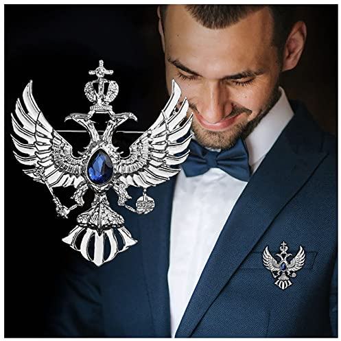 Aigle à double tête Broche Ailes en cristal Couronne Épinglette Mode Collier Broche Vintage Badge Manteau Costume Jupe Goujons Accessoires pour Hommes Ados Femmes (Argent)