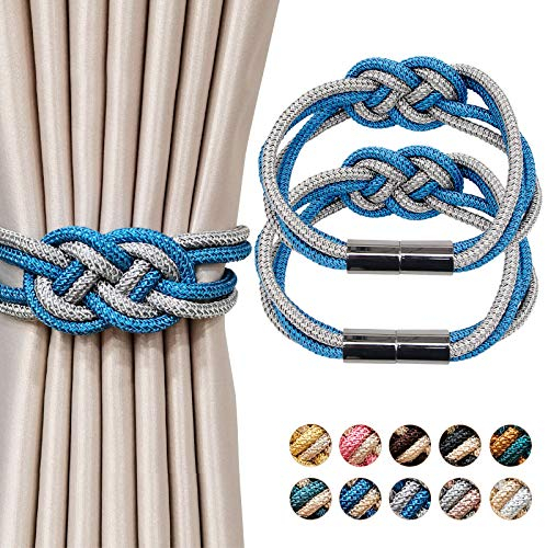 Pretty Jolly 2 Stück Starke Magnetische Raffhalter für Vorhänge, Dekorative Vorhang-Raffhalter, Handgewebtes Seil, Knoten-Vorhanghalter für Zuhause und Büro, Fenstervorhänge (Blau & Grau)