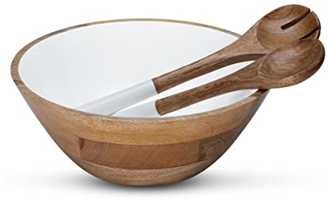 Folkulture Salatschüsseln oder Holzschalen mit Salatbesteck, große Servierschale oder Obstschale, Holzsalatschüssel-Set zum Mischen oder Werfen, 30,5 cm D x 12,7 cm H, Mangoholz, Weiß