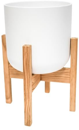 Ivyline White Round Lisbon Planter with Wooden Stand - Waterproof Premium Quality Glazed Decorative Indoor Ceramic Flower Pot & Rack - H34.5cmxD20.5cm