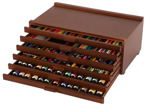 VISWIN Caja de Madera de 6 Cajones con Separadores Extraíbles, Caja de Madera de Haya de Primera Calidad, Caja Organizadora Portátil para Pinturas, Bolígrafos, Pinceles y Materiales de Arte