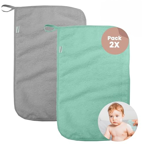 MIMUSELINA Baby Waschlappen Handtücher Für Babys und Kleinkinder, Hände und Babygesicht, Musselin Waschlappen Baby, 2 Stück, Maße 35x23 cm, 450gr (Minze/Grau)