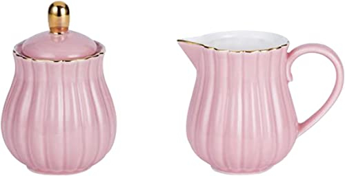 YBK Tech Porcelain Milk jug and Sugar Bowl Set for Coffee Tasting Drinking- Stripe Design (Pink)