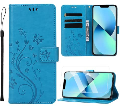 Anhow iPhone SE/7/8 Case Wallet with Wrist Strap, Flip Leather Case with Cards Holder, Kickstand Cover, Screen Protector, Blue