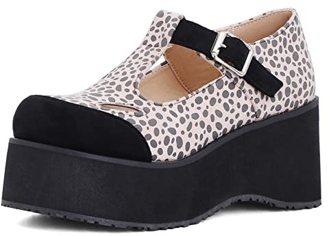 Donna Scarpe Mary Jane con Zeppa Punta Rotonda Pompe Carine Fibbia Scarpe Flatform con Tacco Medio con Plateau con Cinturino a T Leopard Print Scarpe da Festa, 9558Gjg Rosa Numero 43 EU
