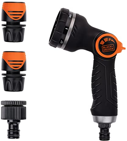 BLACK+DECKER Pistolet d'Arrosage avec 3 Raccords - pour Tuyau de Jardin - Débit d'Eau Réglable - Plastique - Noir/Orange
