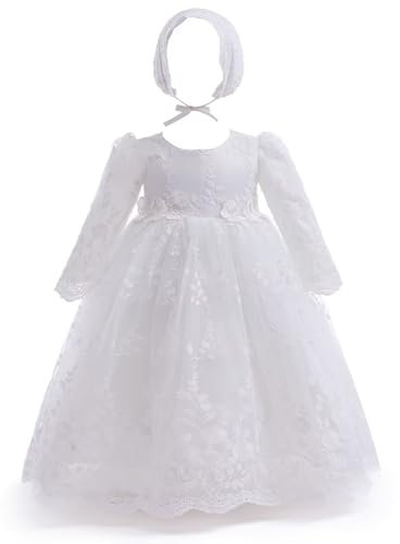 Leideur Robe de Baptême pour Bébé Fille Longue Robe de Bénédiction Blanc Mariage Formel Robes pour nouveau-né (Blanc 1, 12 Mois)