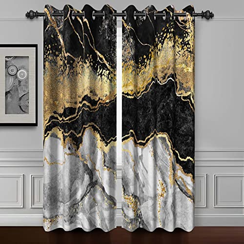 Baocicco Schwarz-goldene Marmor-Fenstervorhänge für Schlafzimmer und Wohnzimmer, Kunstdesign, graue Vorhänge, moderne Luxus-Textur, Verdunkelung mit Ösen, 2 Paneele, 117,8 x 183,9 cm