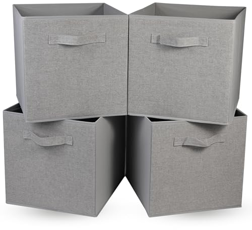 OVAKIA Foldable Storage Box Cubes, 30x30x30cm Fabric Bins Basket for Clothes Toys, Sturdy Organizer Boxes with Handle, Pack of 4, Grey