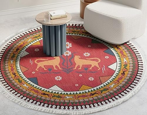 Marokko-Teppich, Rund, Böhmischer Baumwoll-Leinen-Teppiche – Handgefertigter Webteppich Mit Indischem Red Hills-Muster, Runder Teppich Mit Quaste, Wohnzimmer- Und Küchen-Fußmatte, Wie Abgebildet,