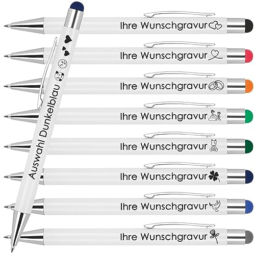 Kugelschreiber mit Wunschgravur | Werbekugelschreiber Personalisiert | Schreiben & Touchfunktion | Gummierter Oberfläche | Wunschsmbol Laser-Gravur 200 Stück Dunkelblau