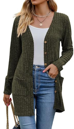 Witsmile Cardigan da donna alla moda autunno 2023 cardigan leggero in maglia morbida per donna cappotto aperto davanti a maniche lunghe con tasche, Verde militare, XXL