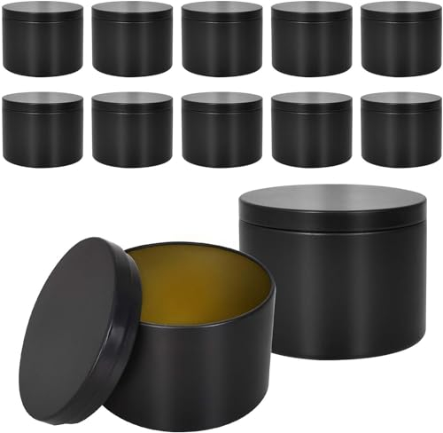 volumoon 12 Stück Kerzendosen, 8oz Leere Kerzendosen aus Metall, Kerzenbehälter Kerzengläser, Wiederverwendbare Schraubdeckel Metalldosen, Schwarz Kerzendosen für die Kerzenherstellung
