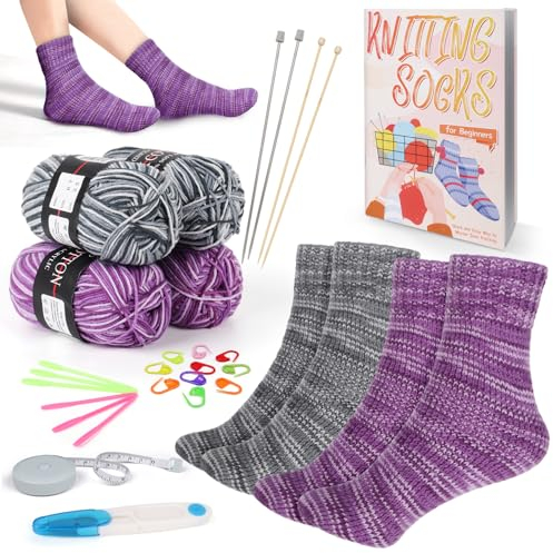 Coopay Strickset Anfänger für Socken, Strick-Starter-Set mit Anleitung und Garn, Stricknadel-Set, einfaches Stricken lernen, verschiedene Größen, Socken-Strickset für Erwachsene/Jugendliche (Grau &