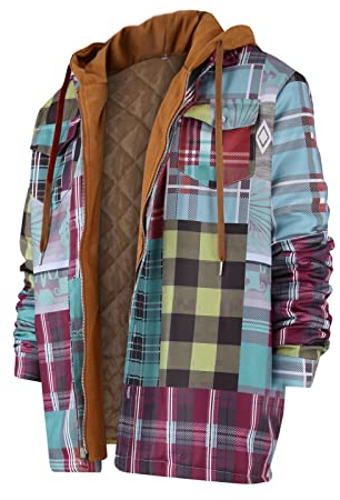 Generisch Holzfellhemd Herren Jacke, Kariert Übergangsjacke Freizeithemden Mit Kapuze Jacke Holzfäller Hemd Karo Gefüttert Reißverschluss Motorrad Thermohemd Rot Hemdjacke (4XL, Cyan)