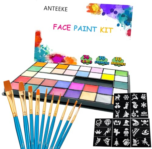 ANTEEKE Bodypainting Farben, 36 Face Paint Kinderschminke Gesichtsfarbe Kit Wasserlösliche ProfessionelleKörperfarbe Palette für Halloween/ Weihnachten/ Ostern/ Karneval/ Themenpartys/ Colsplay