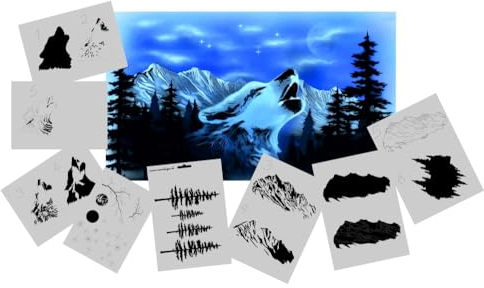 AS-351 Wolf/Berge Step by Step Airbrushschablonen Set Größe M