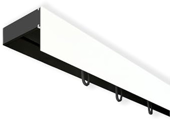 SN Deco - Vorhangschiene SH Set 1-läufig, Gardinenschiene, vorgebohrt, m. Blende weiß 7.5cm, Komplettes Zubehör und Röllchen (Schiene Schwarz, Blende Weiß, 150 cm)