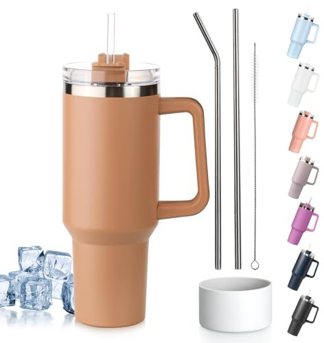 Tuocal 40oz Tumbler with Straw Lid and Handle + 2 Stainless Steel Straws + Silicone Boot, 1180 ml Double Wall Vacuum Insulated Cup, Car Coffee Mug, Travel Water Bottle for Hot Iced Coffee, Khaki
