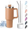 Tuocal 40oz Tumbler with Straw Lid and Handle + 2 Stainless Steel Straws + Silicone Boot, 1180 ml Double Wall Vacuum Insulated Cup, Car Coffee Mug, Travel Water Bottle for Hot Iced Coffee, Khaki