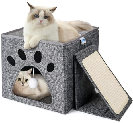 Nobleza Cueva Plegable para Gatos, Casa para Gatos Interior de 2 Capas, Cubo Multifuncional para Gatos con Tabla Rascadora Extraíble y Bola, Cama para Gatos, 35 x 30 x 30 cm Cat Bed, Gris