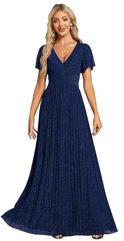 Ever-Pretty Kleid Elegant Damen Festlich Lang Ballkleid Maxi Hell Abendkleider Elegant für Hochzeit A Line Kurze Ärmel Navy Blau 48
