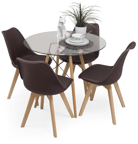 Homely - Conjunto de Comedor Tower 100 Day Cristal Mesa de Cristal Redonda de 100 cm y 4 sillas Day (Chocolate)