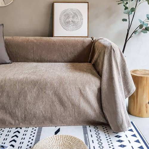 Epinki Sofaüberwurf, 180x200CM Sofahusse 1 Sitzer Einfarbig Muster, rutschfeste Schonbezüge aus Chenille Möbelschutz-Sofabezüge, Kaffee