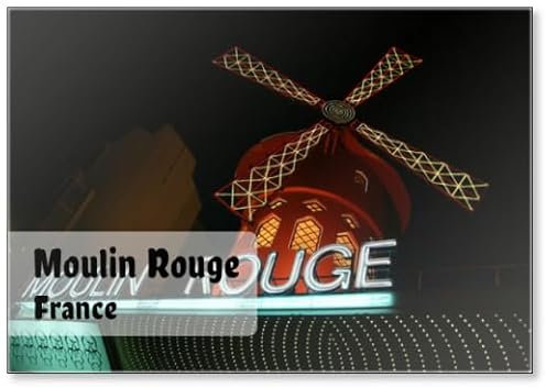 Poster für das berühmte Kabarett Moulin Rouge in Paris, Frankreich, Detail der Fassade bei Nacht mit Neonbuchstaben und beleuchteter Windmühle, Kühlschrankmagnet