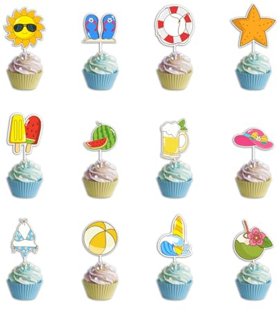 VARACL 25 adornos para cupcakes con temática de playa de verano, decoraciones de fiesta en la piscina, palillos de pastel con sandía, helado, bola de playa, decoración de pastel de cerveza para baby