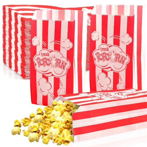Pack of 200 Small Popcorn Bags, Popcorn Bags, Red Stripes, Popcorn Paper Bags, Popcorn Containers for Chips, Sweets, Popcorn and Snacks, Party Bag Popcorn (Red200)