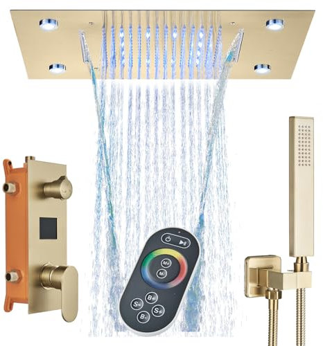 Cesinkin Ensemble de Douche Encastrable Doré Brossé Colonne de Douche Thermostatique Système de Douche Encastré avec Douchette et Douche de Tête Colonne Douche Encastrable Colonne Douche Salle de Bain