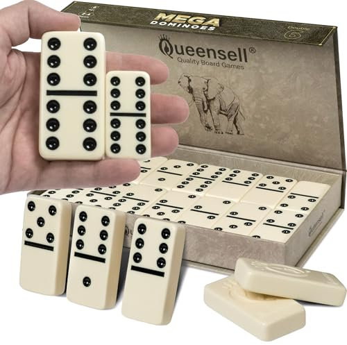 Queensell Set de Dominos Méga Large de 7,6 cm pour Adultes et Enfants – Dominos Double 6, Jeu de Société Classique – Set Double Six de 28 Pièces avec Étui Cadeau, Jeux de Société