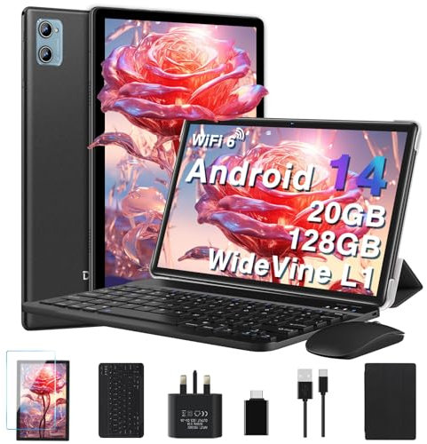 2025 Newest Tablet 10 Inch Android 14, 20GB RAM+128GB ROM (TF 2TB), Octa Core, 5G+WiFi 6 | Widevine L1 | 6000mAh | Bluetooth 5.0 | GMS | Type-C | 5+8MP | Widgets| Tablet with Keyboard & Mouse - Black