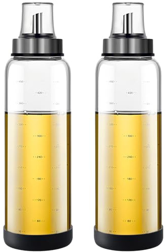 volumoon Glas Ölflasche, 2 Stück 500 ml Olivenöl Ölspender aus Glas mit Klarer Skala, Transparent Olivenöl Spender mit Anti-Schmutz Verschluss für Küche, Essig und Ölspender für BBQ, Backen, Pasta