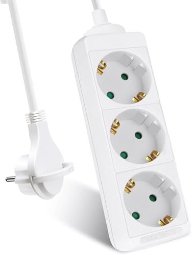 EXTRASTAR 3-Fach Steckdosenleiste, Flachstecker Mehrfachsteckdose mit 3m Kabel, Flacher Stecker mit Kindersicherung, 16A/3680W, Weiβ