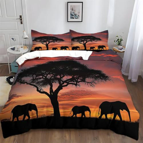 XCQHZYQ Bettwäsche 155x220 cm Afrika Elefant Sonnenuntergang Bettbezug Set 3 Teilig Baumwolle Polyester Modern Bettwäsche Bettdeckenbezug mit Reißverschluss und 80x80cm Kissenbezug