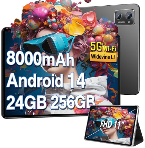 2025 Tablets Android 14 11 Pollici 24GB RAM+256GB ROM(1TB TF), Octa-Core,2.0Ghz, WiFi5G+2.4G, GPS, 5MP + 13MP, Bluetooth 5.0, Widevine L1,OTG, Cast, Tablet PC con Custodia, tablet in offerta, Nero