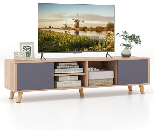 COSTWAY Mueble de TV de hasta 65 Pulgadas, Mesa de TV de Estilo Rústico Moderno con 2 Gabinetes Laterales, 2 Estantes Abiertos, Mesa Consola para TV para Salón, Dormitorio, 152 x 40 x 40 cm