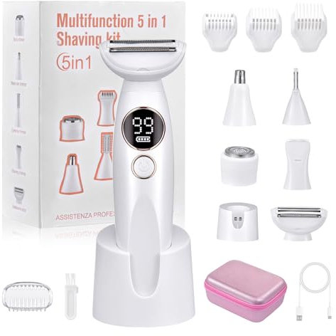 Rasoio Elettrico Intimo Donna, 5 In 1 Rasoio Donna Parti Intime con Ricarica USB Basamento Indolore Multifunzione Trimmer per Bikini, Ascelle, Braccio, Gambe, IPX7 Impermeabile